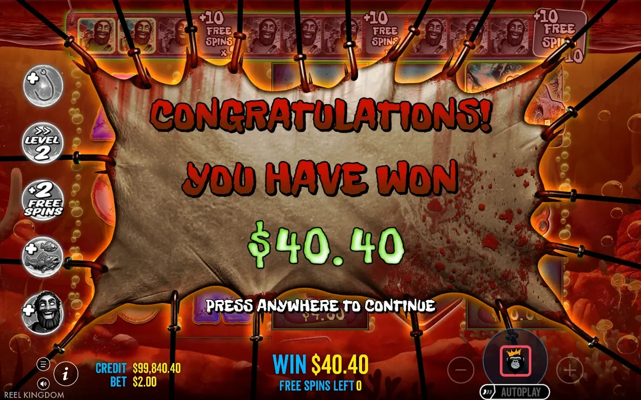 Congratulations banner on torn hide background announces a $40.40 win with free spins left at zero