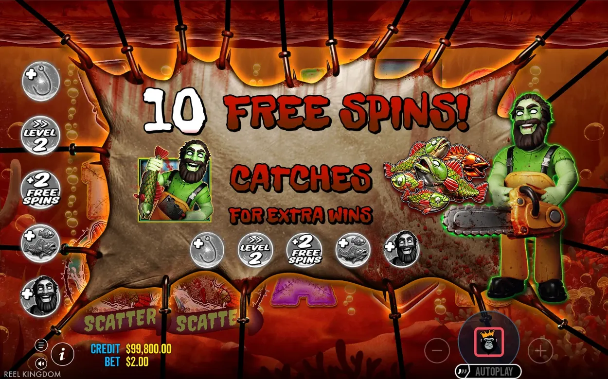 Free spins intro banner reveals 10 awarded spins plus five modifier icons including Level 2 and +2 Spins