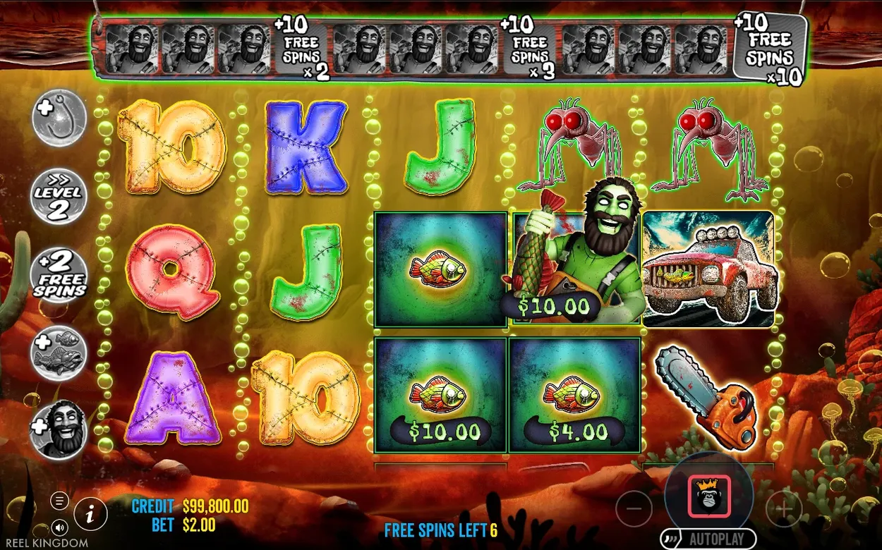 Zombie fisherman WILD collects $10 and $4 fish prizes amid mosquitoes, truck and chainsaw symbols, 6 spins left