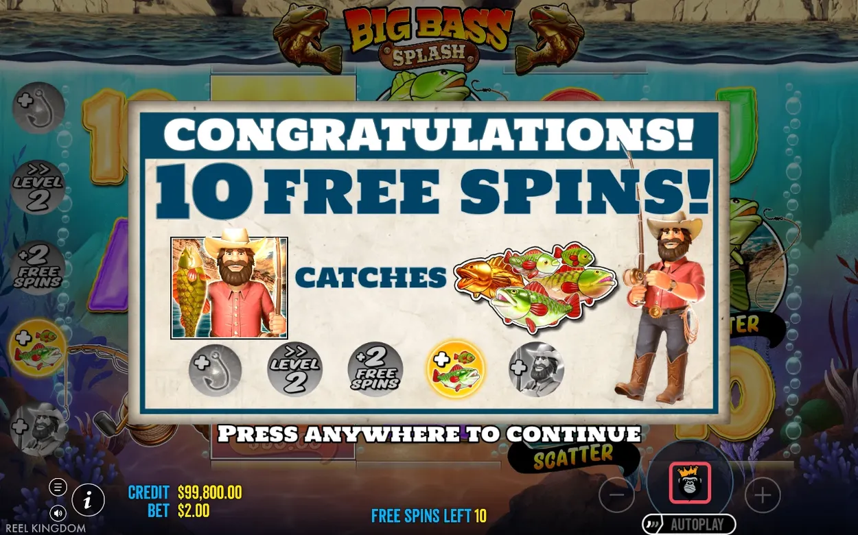 Popup Congratulations! oznamuje 10 Free Spins, rybár drží úlovok, zostáva 10 voľných točení.