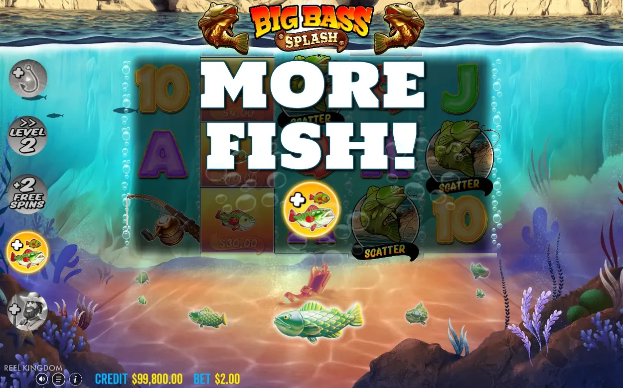 Prechodová obrazovka s nápisom MORE FISH!, aktívny modifikátor rybia ikona zvýraznená zlatom, kredit $99 800.