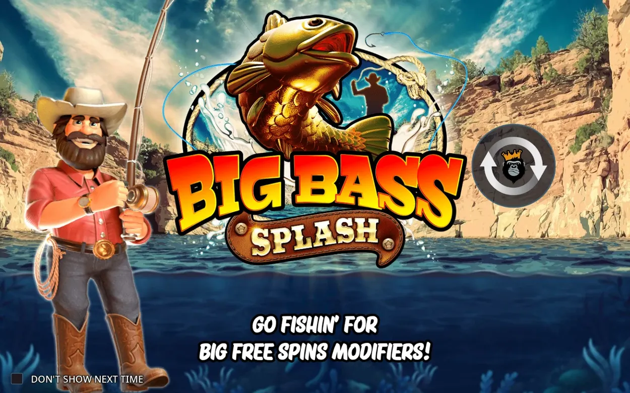Úvodná obrazovka: rybár s prútom, zlatý vyskakujúci basa v logu, nápis Go Fishin' for Big Free Spins Modifiers!