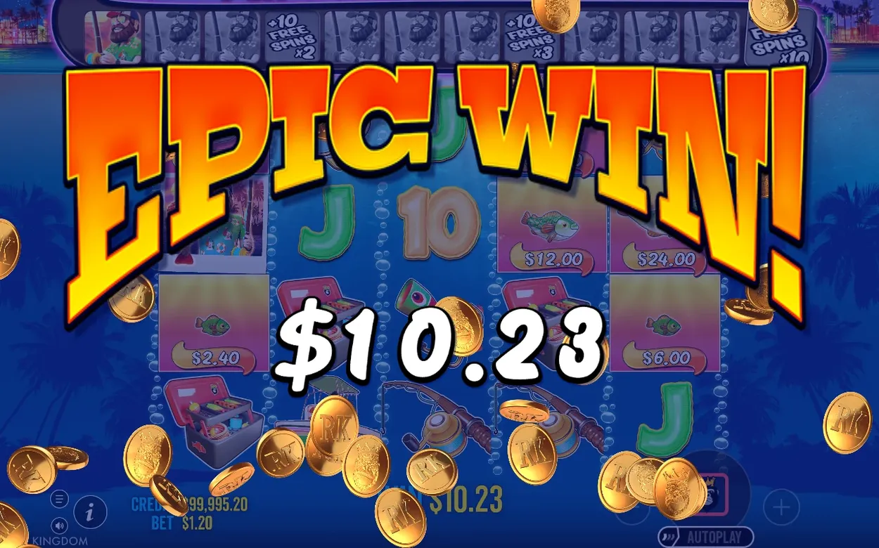 Nápis Epic Win cez celú obrazovku, výhra $10.23, zlaté mince padajú na symboly rýb s peňažnou hodnotou.