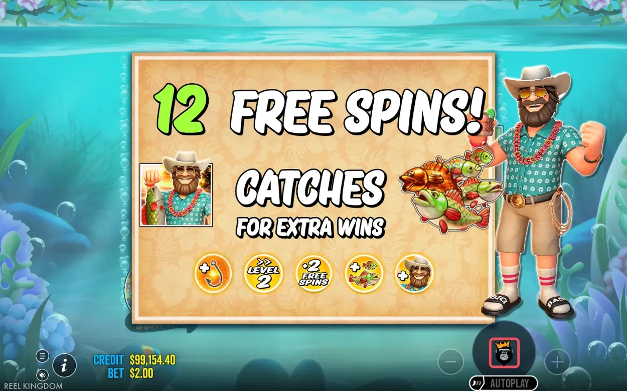 Trigger screen announcing 12 free spins with fisherman portrait and five modifier badges below