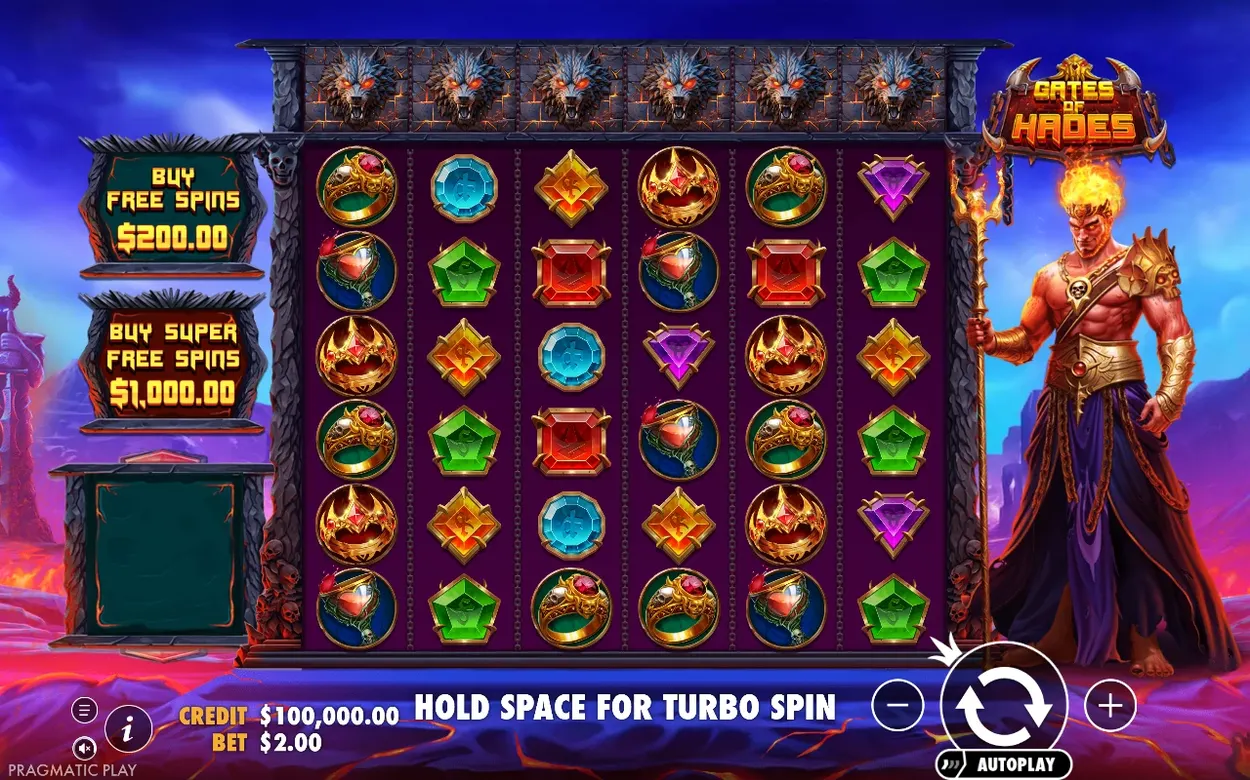 Base game ready to spin, buy buttons show $200 Free Spins and $1,000 Super Free Spins at $2 bet