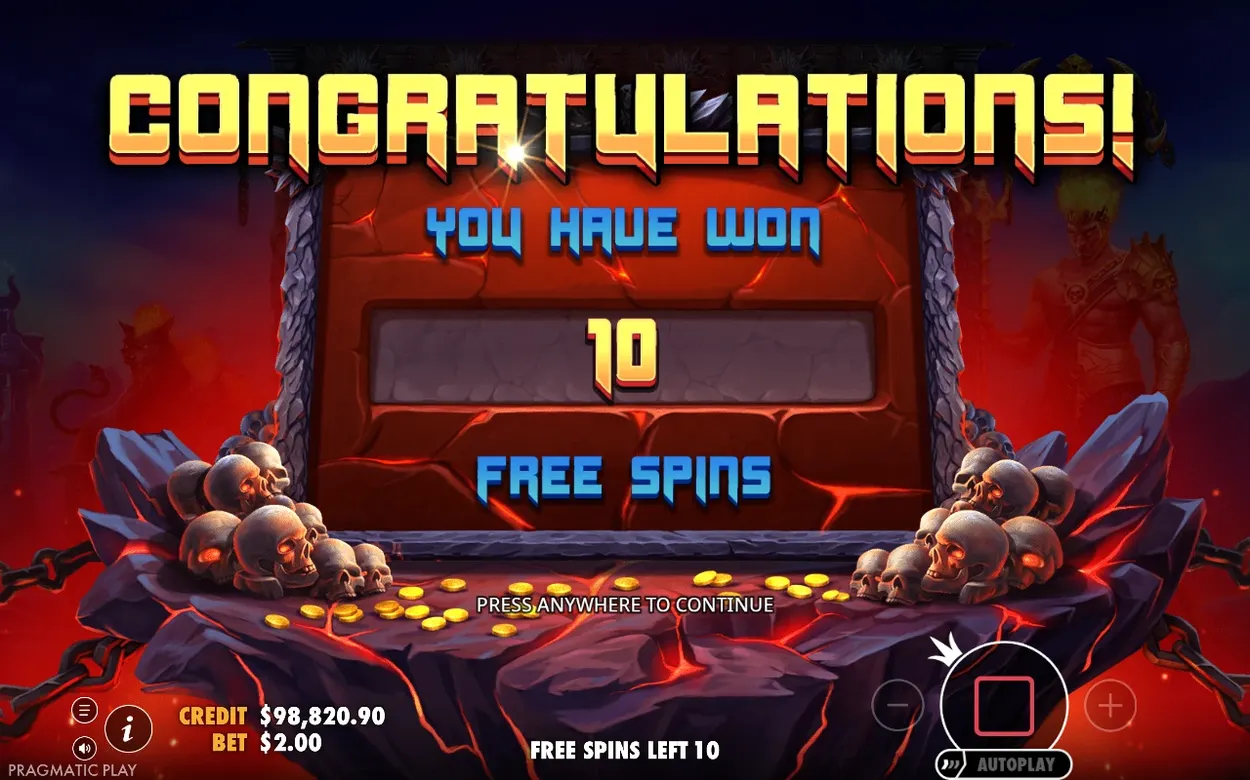 Congratulations screen announcing 10 Free Spins won, credit $98,820.90 after Super Free Spins purchase