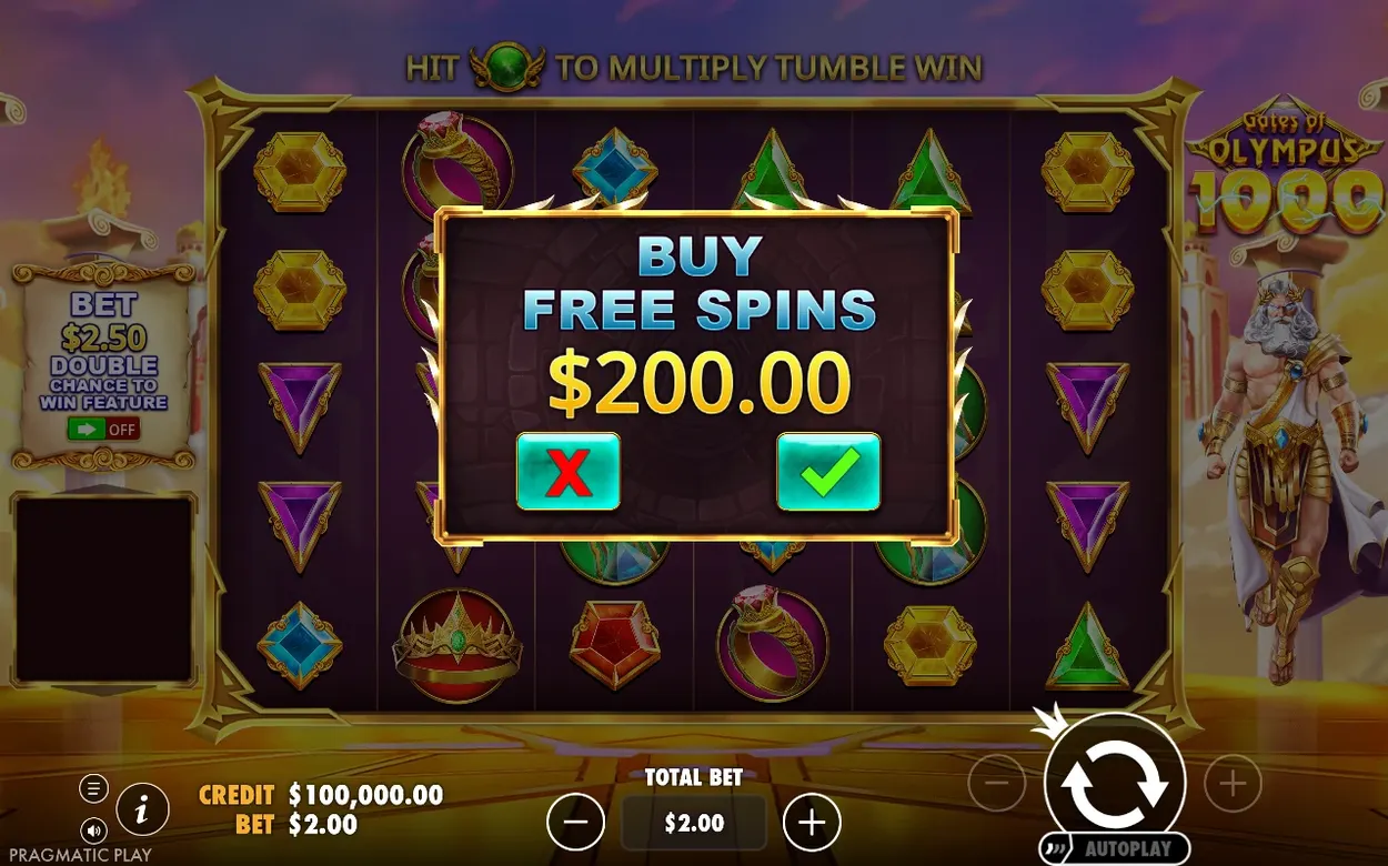 Vyskakovacie okno Buy Free Spins za 200 dolárov s tlačidlami na potvrdenie alebo zrušenie