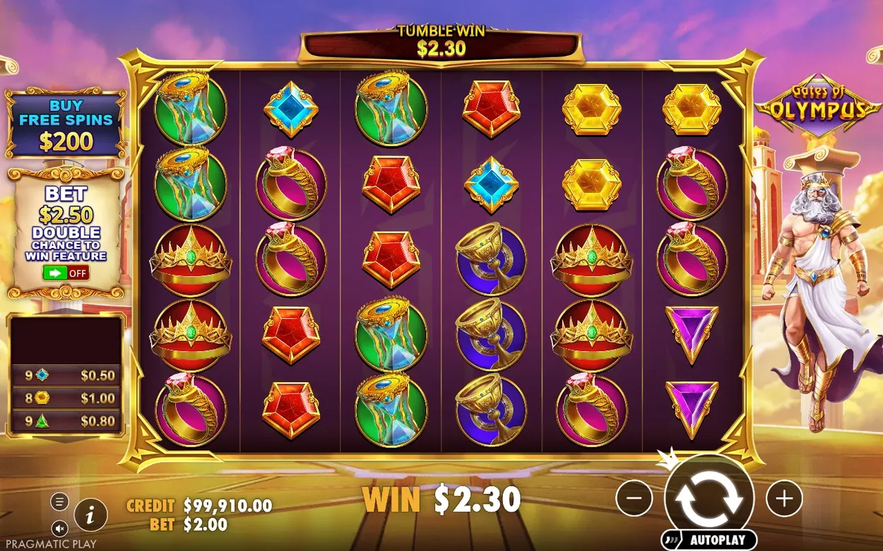 Tumble Win banner reads $2.30 as crowns, rings and goblets settle on the purple reel grid