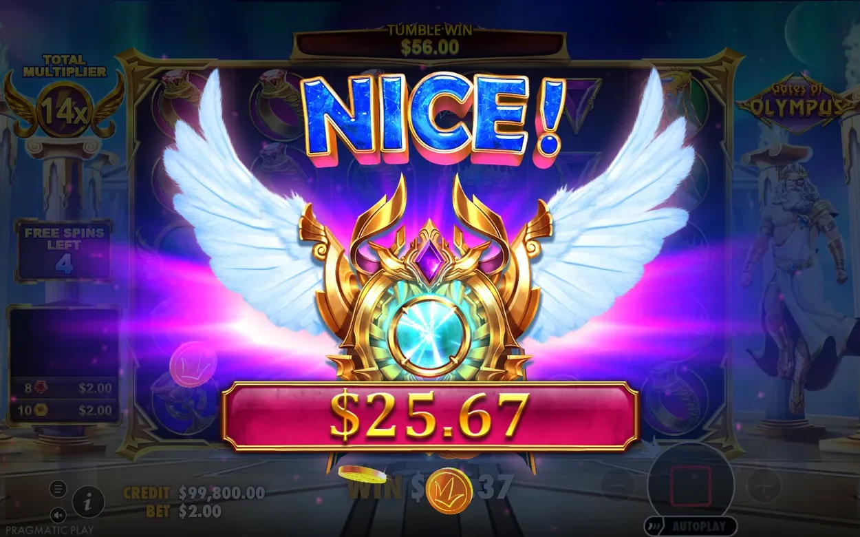 Free Spins NICE win overlay shows $25.67 with 14x Total Multiplier and $56.00 tumble win