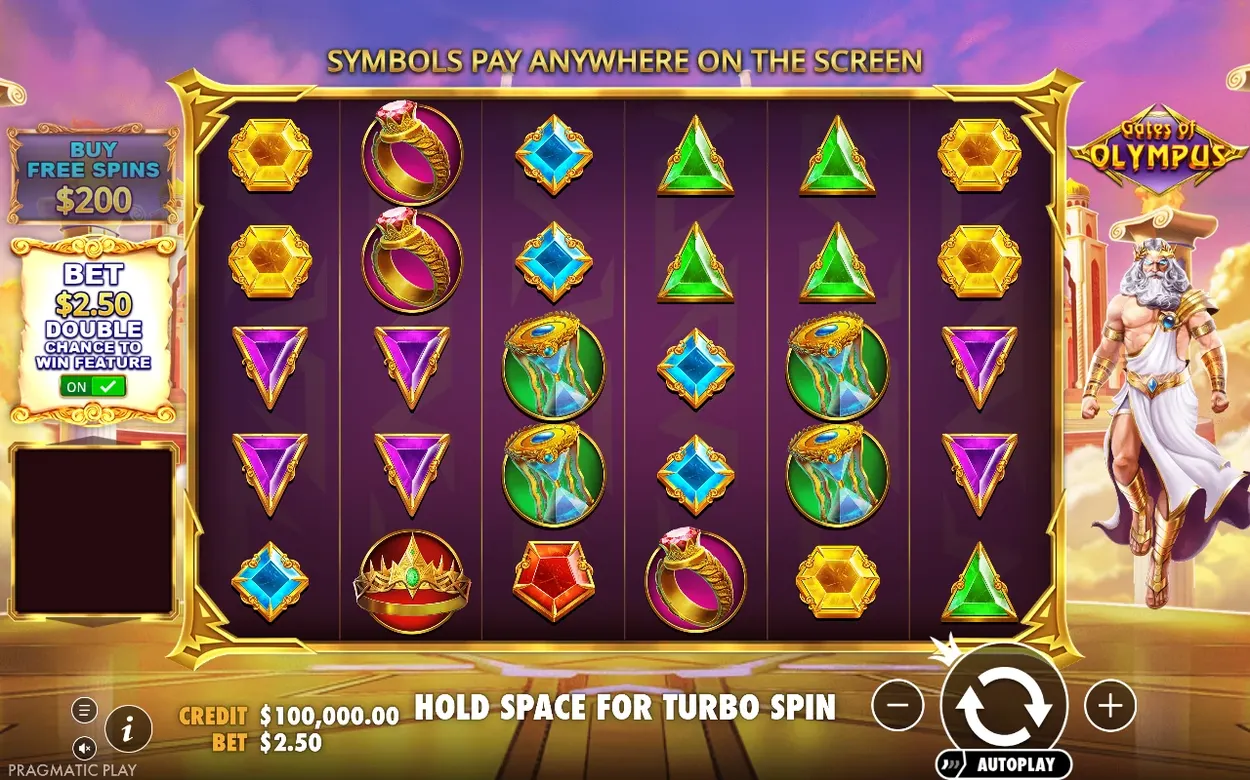 Gem-filled reels with Double Chance toggle set to ON and bet raised to $2.50 beside Zeus