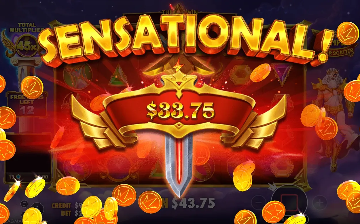 Obrazovka SENSATIONAL s výhrou $33.75, multiplikátor 45x, zostáva 12 free spinov, padajú zlaté mince.