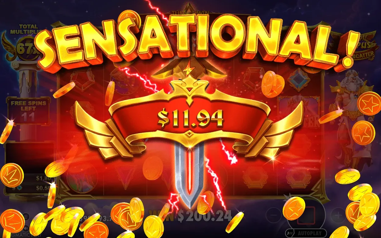 SENSATIONAL výhra $11.94 pri multiplikátore 67x počas free spinov, zostáva 11 kôl, padajú mince.