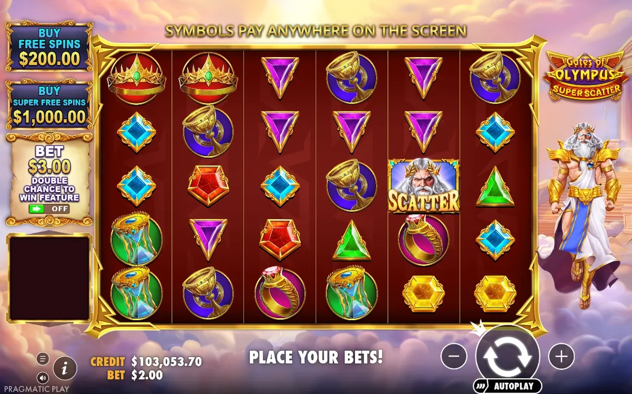 Herná mriežka so symbolmi, tlačidlami Buy Free Spins $200 a Buy Super Free Spins $1,000, scatter a Zeus vpravo.