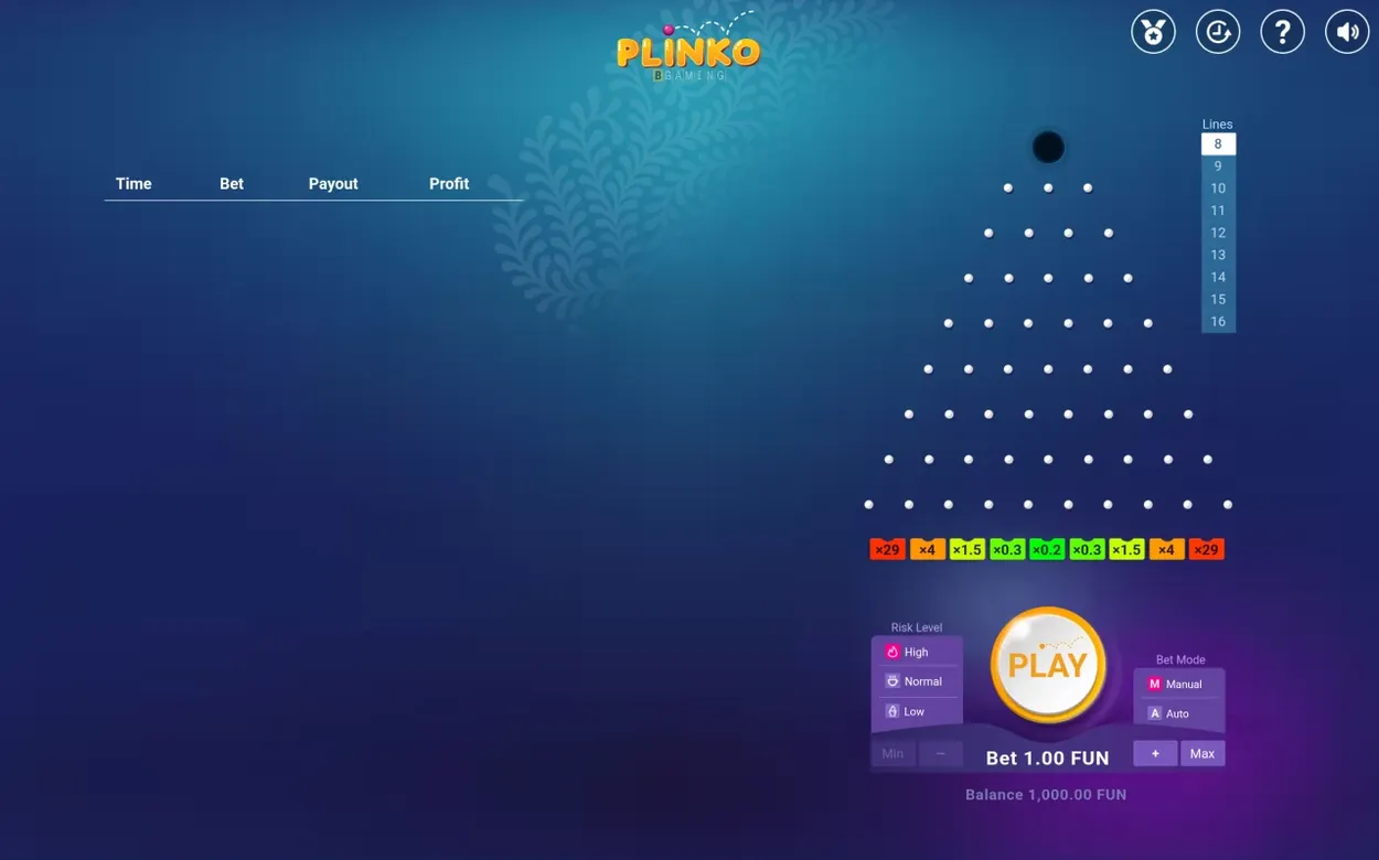 Plinko: 8 radov kolíkov, vysoké riziko zvolené, krajné priehradky ukazujú násobok x29.