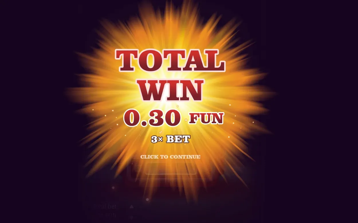 Oranžová výbuchová obrazovka hlási výhru 0.30 FUN, čo zodpovedá násobku 3x BET.
