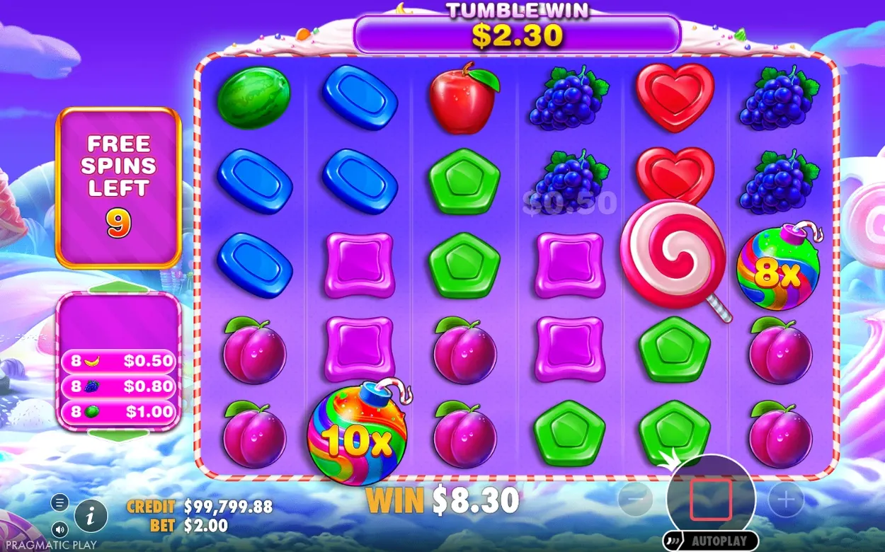 Voľné otočenia: Tumble Win 2,30 $, bomby s násobičmi 8x a 10x, zostáva 9 otočení, výhra 8,30 $.