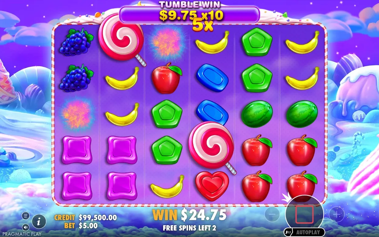 Voľné točenia: Tumble Win 9,75 USD x10 s multiplikátorom 5x, výhra 24,75 USD, zostávajú 2 točenia.